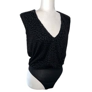 Ramy Brook Regina Velvet Animal Print Bodysuit Shoulder Pads V Neck $275 S
